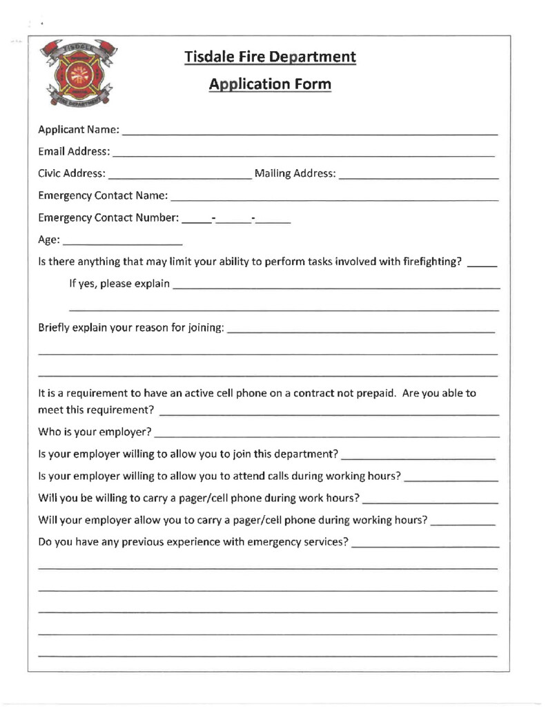 VOLUNTEER FIRE DEPARTMENT APPLICATION Town of Tisdale