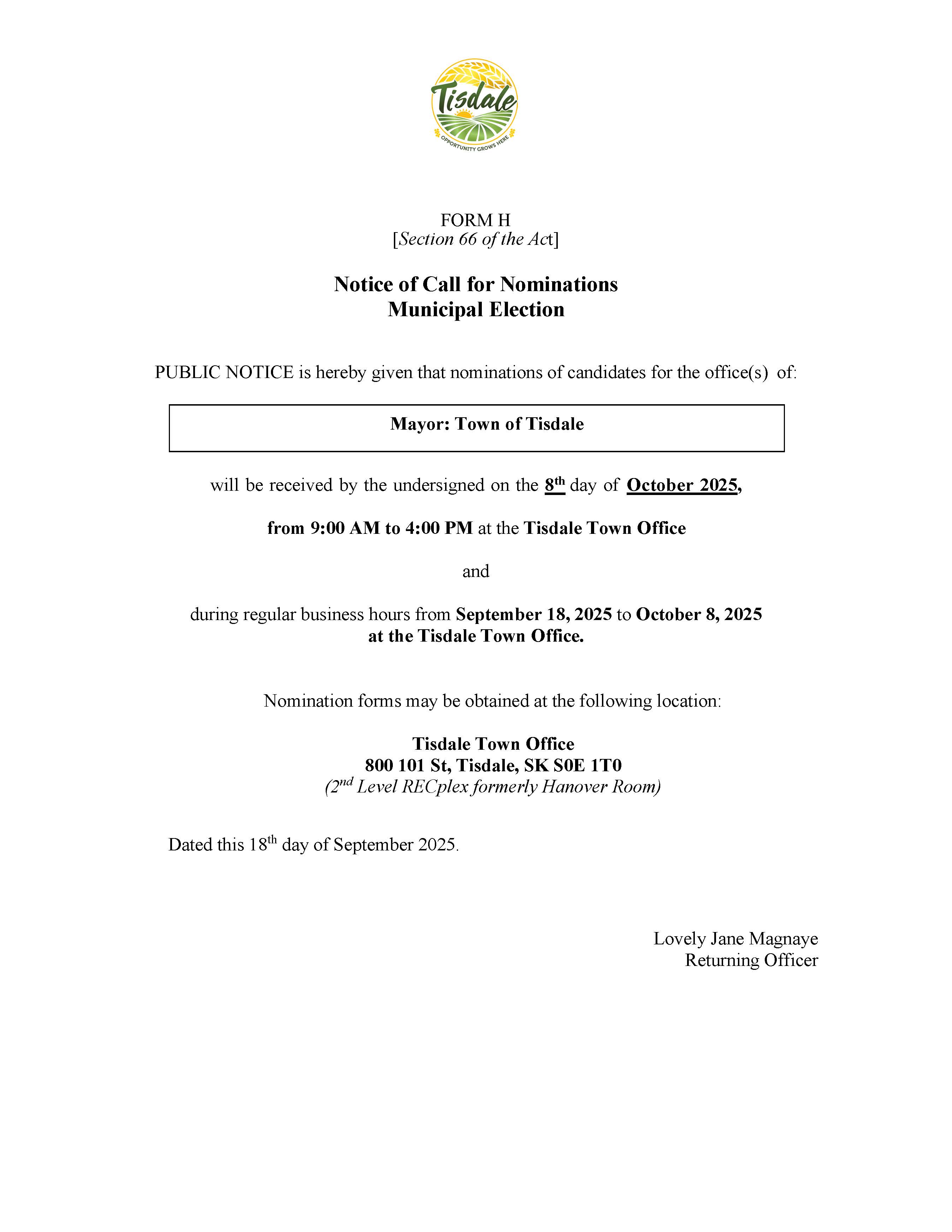 Notice of Call for Nominations 2025 Mayor